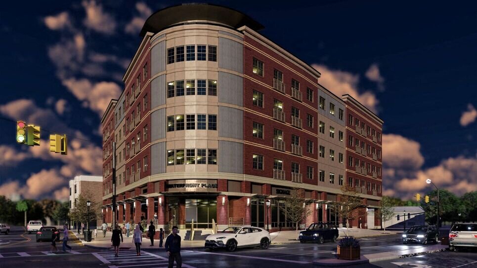 a rendering of a building on the corner of a city street